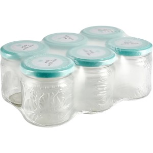 6 darabos befőttesüveg szett (212 ml) mentaszínű csavaros tetővel és "Made with Love" felirattal.