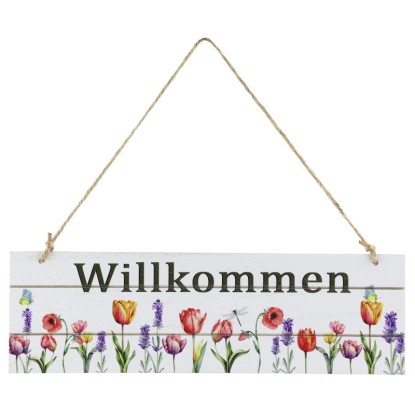"Willkommen" feliratú ajtótábla virágokkal fa 29,5 cm színes