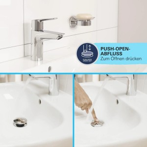 Grohe Start S-Size mosdócsaptelep push-open leeresztőgarnitúrával modern fürdőszobában.