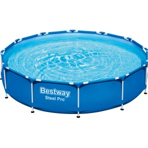 Bestway Steel Pro acélvázas medence, Ø 366 cm, kerek medence kék medencével és fehér kerettel.