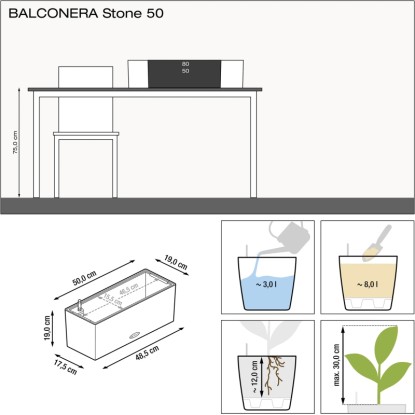 Lechuza Balconera Stone 50, kőszürke virágláda méretekkel és öntözési útmutatóval.