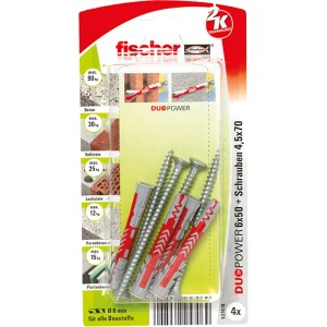 Fischer Duopower 6x50 dübel csavarokkal, 4 darabos készlet. Univerzális dübel a biztonságos rögzítéshez különböző építőanyagokban.