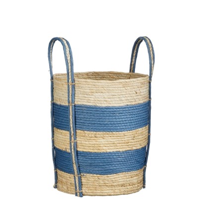 Kék Brooklyn kosár a Mica Decorations-tól, Ø 31 cm, csíkos, természetes anyagból.