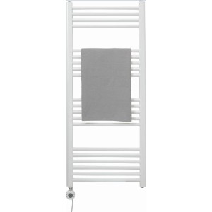 Fehér elektromos fürdőszobai radiátor Wuppertal 2.0 törölközővel, 120x50 cm.