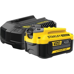 Stanley Fatmax V20 akkumulátor indítókészlet 18V 4Ah akkumulátorral és töltővel elektromos kéziszerszámokhoz.