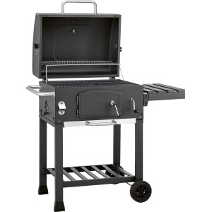 Fekete Jamestown Jaxon faszenes grill nyitott fedéllel és oldalsó asztallal.