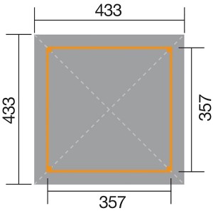 Weka Pavilion Garden Oasis 651 A alaprajz, méretek 433x433cm (teljes) és 357x357cm (alap).