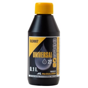 McCulloch 2-ütemű olaj 0,1 l fekete flakonban, sárga kupakkal.