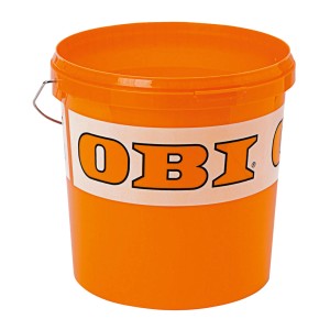 Narancssárga OBI vödör, 10 literes, műanyagból, acél fogantyúval, takarításhoz.