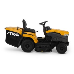 Sárga Stiga Estate 598 W fűnyíró traktor fűgyűjtővel, oldalnézet.