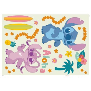 Komar Deko-Sticker Stitch Aloha Stitch motívumokkal, szörfdeszkákkal, virágokkal és pálmafákkal.