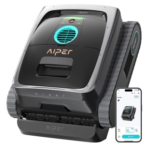 Aiper Scuba V3 medencetisztító robot, fekete-szürke, lánctalpas, kék fénnyel és okostelefonos applikációval.