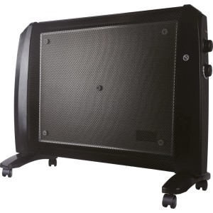 Fekete Harstad 1500 W-os hősugárzó kerekekkel és termosztáttal.