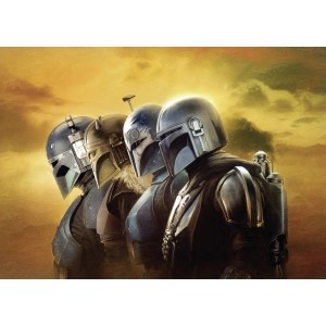 Komar Star Wars The Mandalorian fali kép, 50x70 cm, sárga háttér, négy Mandaloriai látható.