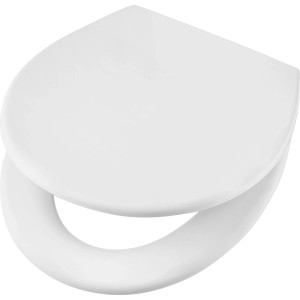 Fehér, fényes baliv Crosby WC-ülőke duroplastból, lassú záródású mechanizmussal.