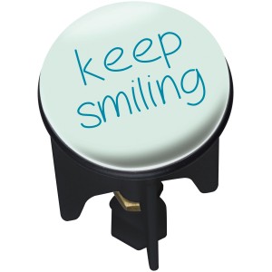 Wenko Pluggy Keep Smiling mosdódugó kék felirattal, világos alapon.