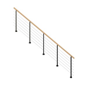 StarWood Kos fém korlát, 475 cm, tölgyfa kerek korláttal és fekete oszlopokkal.