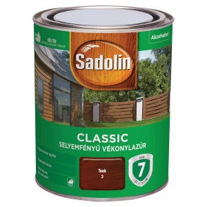 Sadolin Classic időjárásálló festék doboza, Teak színárnyalat, kültéri használatra.
