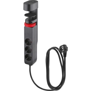 Fekete 3-as elosztó USB portokkal és asztali csíptetővel, 1,4 m-es kábellel.