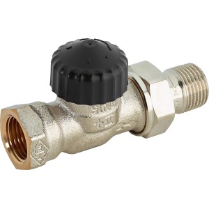 Termosztatikus szelep alsórész, átmenő, 18,6 mm (Rp 1/2), sárgarézből, fekete védősapkával.