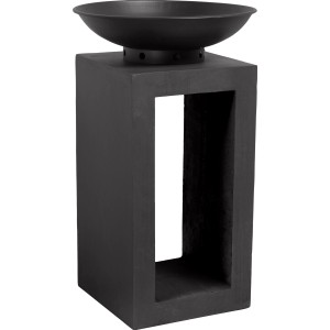 Fekete tűzrakó tál (Ø 40 cm) rostos agyag konzolon (66 cm magas) fatárolóval.