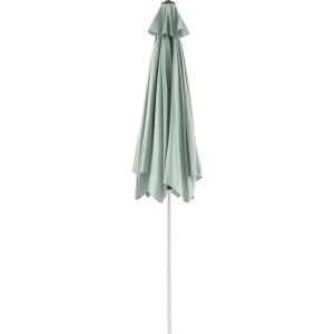 Összecsukott ciánszínű Alsea napernyő Ø 263 cm, fehér rúddal.