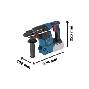 Kék Bosch Professional GBH 18V-26 akkus fúrókalapács mélységütközővel, kiegészítő fogantyúval és méretekkel. Betonfúráshoz.