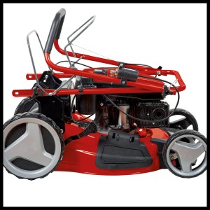 Einhell GC-PM 51/3 S HW-E benzines fűnyíró, piros, összecsukható fogantyúval és nagy kerekekkel.