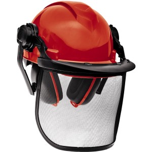 Einhell BG-SH 2 erdészeti védősisak piros sisakkal, arcvédővel és fülvédővel.