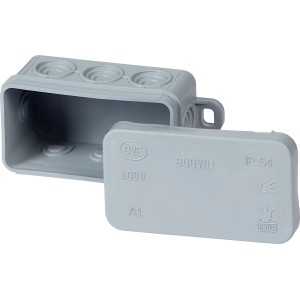 Szürke felületre szerelhető kötődoboz 75x45mm, IP54, nyitott fedéllel és csatlakozási lehetőségekkel.