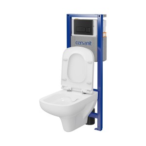Fehér fali WC szett tartállyal és kék kerettel.
