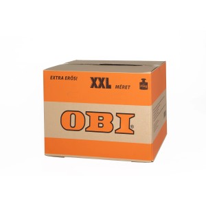 XXL költöztető doboz az OBI-tól, barna, narancssárga logóval és felirattal, teherbírása 45 kg.