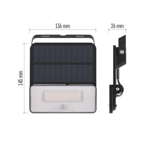 Fekete LED-es kültéri reflektor napelem és mozgásérzékelővel, méretek láthatók.