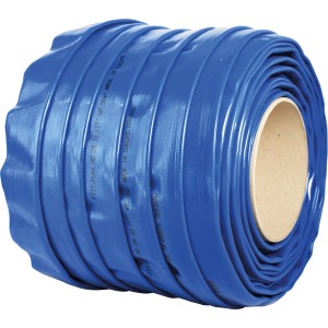 Kék Fitt Hi-Flat lapos tömlő, Ø 40 mm, feltekercselve. Kerti tömlő méterben öntözéshez.