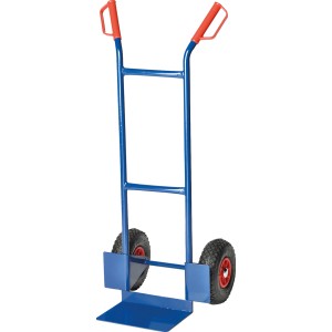 Kék Junior kézikocsi PU kerekekkel, piros fogantyúkkal és 200 kg teherbírással.