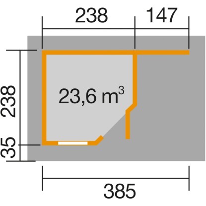 Weka fa lapostetős kerti ház alaprajza, 397x279 cm, méretekkel.