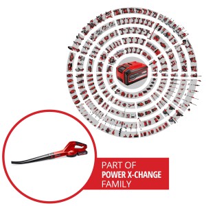 Einhell Power X-Change Akkus lombfúvó GC-CL 18 Li E Kit akkumulátorral és töltővel, a Power X-Change család tagja.