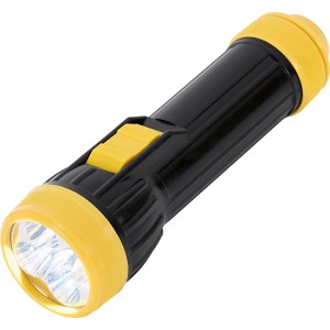 Fekete-sárga 5 LED-es műanyag zseblámpa beltéri és kültéri használatra.