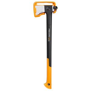 Fiskars X28 hasító fejsze M pengével, fejsze fahasításhoz narancssárga pengevédővel.