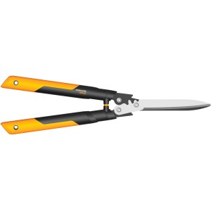 Fiskars PowerGear X HSX92 áttételes sövénynyíró, kézi sövénynyíró sárga-fekete nyéllel és ezüst pengékkel.