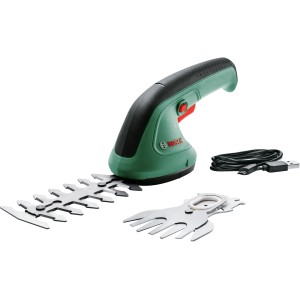 Bosch EasyShear akkus fű- és bokornyíró olló két pengével és USB töltőkábellel.