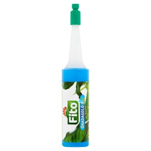 Fito növénytáp palackban, kék és zöld kupakkal.