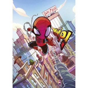 Színes Komar falikép: Marvel Spider-Man "THWIP" (50x70 cm) városi háttérrel.