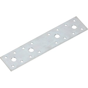 Téglalap alakú, horganyzott lapos kötőelem 200x35 mm-es, lyukakkal a bútorelemek rögzítéséhez.