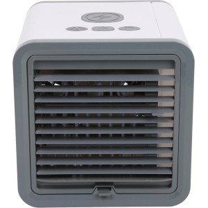 Kompakt, fehér-szürke mini léghűtő (5 W) kezelőpanellel és szellőzőráccsal.