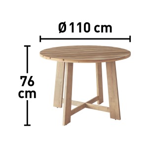Kerek Tanami fa kerti asztal, Ø 110 cm, ideális erkélyre vagy teraszra.