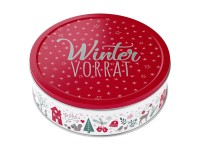 Kerek fém díszdoboz 19 cm x 8 cm karácsonyi mintás