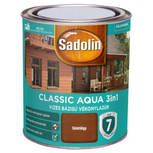 Sötéttölgy Sadolin Classic Aqua 3in1 falazúr festékesdobozban.