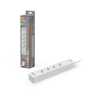 Osram Smart WiFi elosztó 4 aljzattal és USB portokkal, fehér színben.