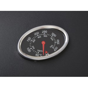 Kombinált grill hőmérőjének közeli képe. Hőmérséklet kijelzés Celsiusban és Fahrenheitben.